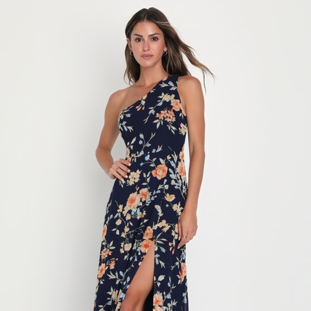 Lulus Elegant Admiration Navy Blue Floral One-shoulder Maxi Dress - Size M